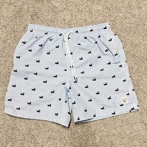 Men's Light Blue Pinstripe Swim Trunks with Navy Duck Motif